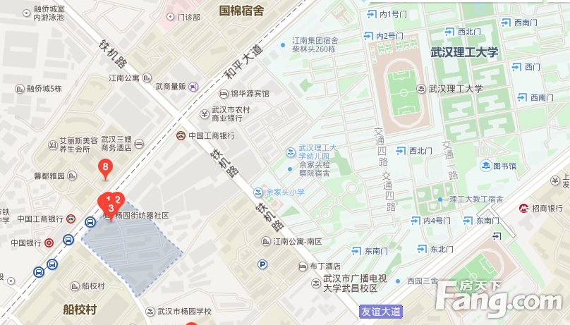 湖北大学附中,钢都中学,武昌区三角路小学,武汉理工大学,商场:销品茂